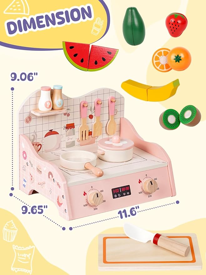 VBABY Wooden Play Kitchen Set, Small Toddler Kitchen Playset with Cutting Fruits, Pretend Cooking Toy for Kids, CPC Certified Premium Present for Toddlers 1-3