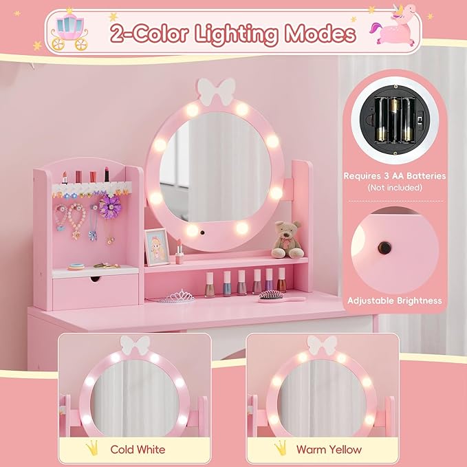 MU Kids Vanity Table and Chair Set – Princess Girls Vanity Set with Mirror, Lights, Jewelry Storage, and Cushioned Stool, Toddler Makeup Vanity for Little Girls (Pink)