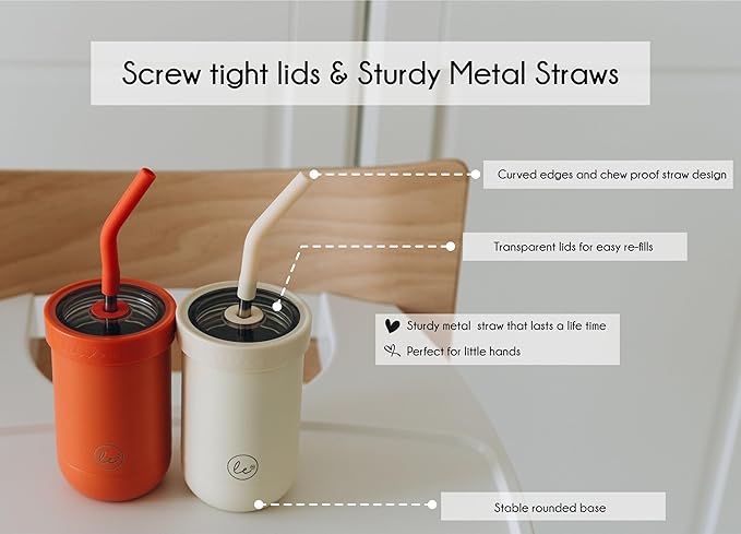 Double walled Insulated Smoothie cups for kids | Toddler Cups with Straws | Set of 2 Straw Sippy Cup | Stainless steel baby cup with Thermos Lid for Hot Storage | Kids Straw Cups