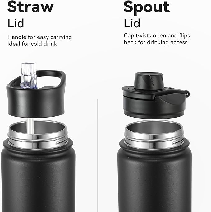 16 oz Insulated Water Bottle with Straw Lids, Stainless Steel Kids Water Bottles for School, Double Wall Vacuum Metal Water Bottle with Straw & Wide Mouth Lid, Black 8 Pack