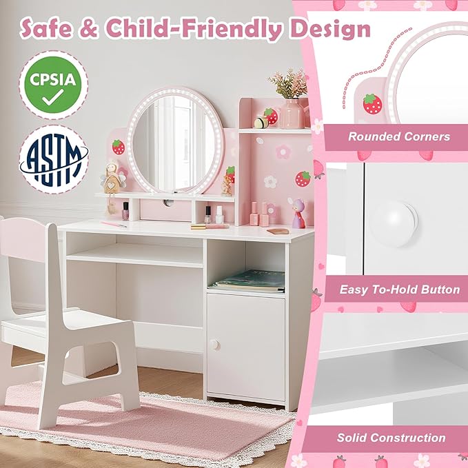 JOYLDIAS Kids Vanity with Lights, Pink Girls Makeup Vanity with Open Bookshelf, Storage Cabinet & Shelves, 2 in 1 Toddler Vanity Desk and Chair Set, Dressing Table for Kids 3+
