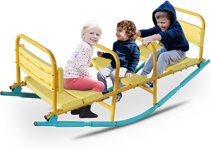 360 Degree Rotation Seesaw Swivel Teeter-Totter, 2/3/4 Seats Sit and Spin Outdoor Playground Equipment for Kids, Toddlers, Boys, Children (Yellow-3 Seats)