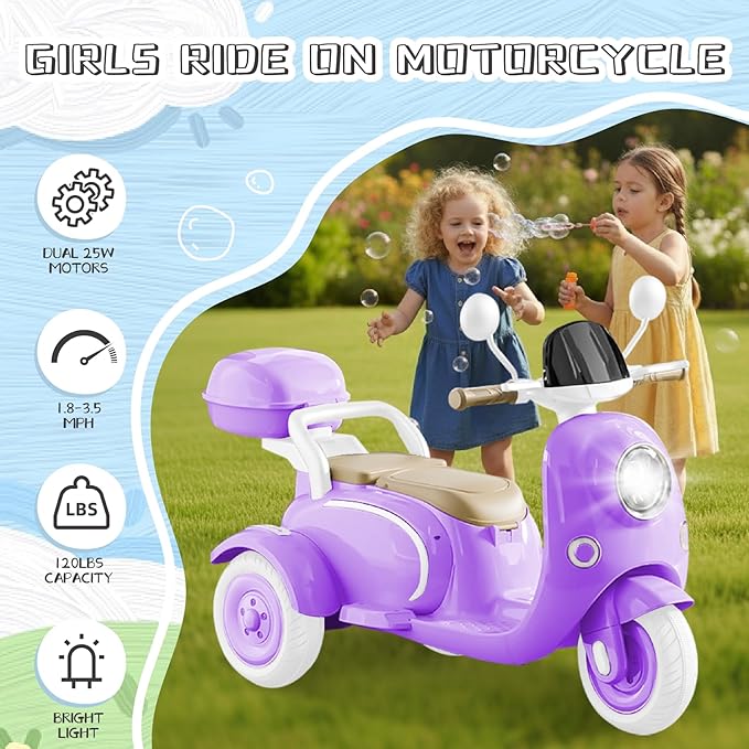 HEIMILI Kids Electric Motorcycle,Electric Scooter for 3 Year Old, Girls Toy, 3-Wheel 12V Ride On Scooter for Kids with Storage Compartments, Motorcycle for Girls (Purple)