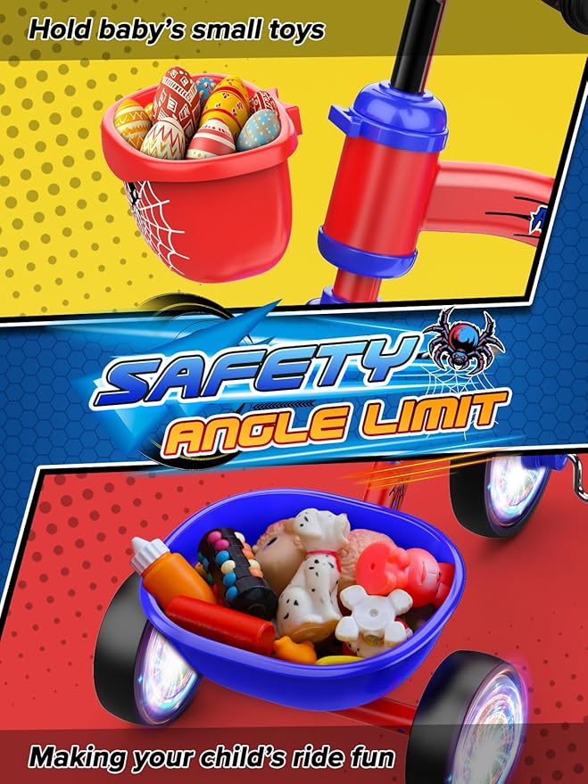 Tricycle for Toddlers 1-3 3-5 Year Olds, Spider Toddler Bike Baby Balance Bike with Colorful Lighting Wheels & Large Basket, Birthday Gift and Toy for 1 2 3 4 5 Year Olds Boys and Girls