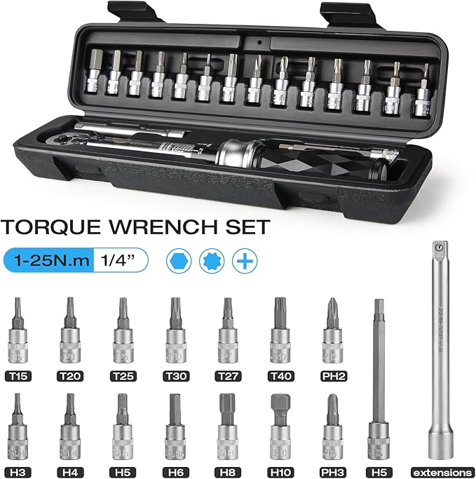 Bike Torque Wrench Set 1/4" Drive Click 1-25 Nm - Bicycle Maintenance Tool Kit for Road/Mountain Bikes - Includes Allen, Torx, Philip, Extended H5 Socket Bit Repair Set, Extension Bar & Storage Box