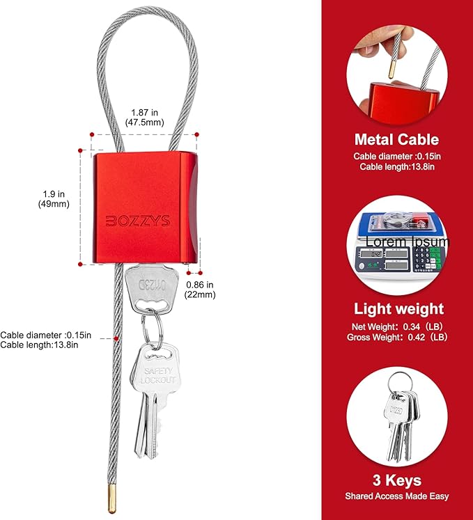 Adjustable Cable Padlock with 3 Keys | L 1.15ft x D 1/6in Aluminum Steel Cable Locks for Bikes, Gate, Lockers & Outdoor Gear | Keyed Different & Red