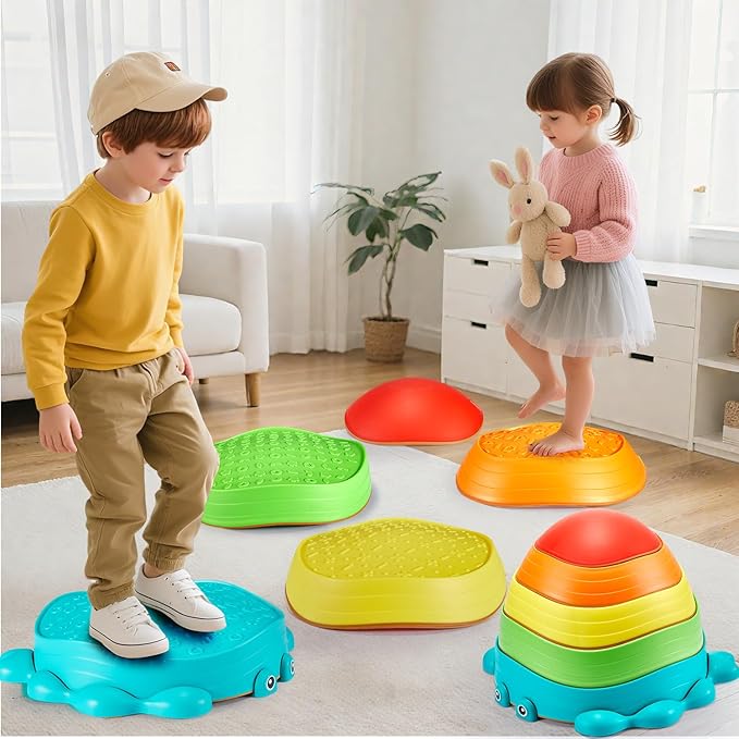 YOHOOLYO Stepping stone for kids, 5 Pack Non-Slip Child Balance Stones, Outdoor Indoor Play Toys, Rainbow Crab Design for Toddlers Kids 3-5 Gift