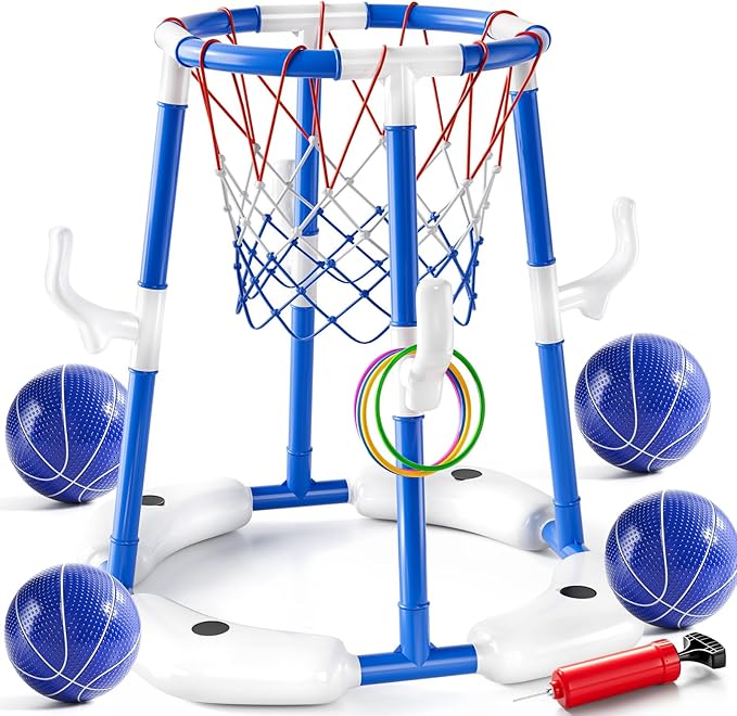 Swimming Pool Basketball Hoop Toy for Kids 2 3 4 5 6 Years Old - Floating Pool Basketball Game Toys with 4 Balls Air-Pump, Outdoor Play, Poolside Summer Water for Boys Girls Age 4-8-12(Blue)
