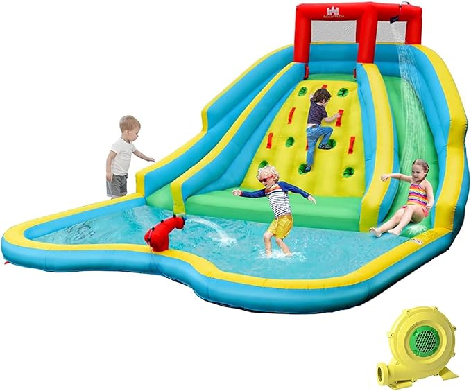 BOUNTECH Inflatable Water Slide Park, 15x12FT Double Slides Kids Mega Waterslide for Outdoor Racing Fun, Heavy Climbing Wall, Blower, Blow up Water Slides Inflatables for Big Kids Backyard Party Gifts