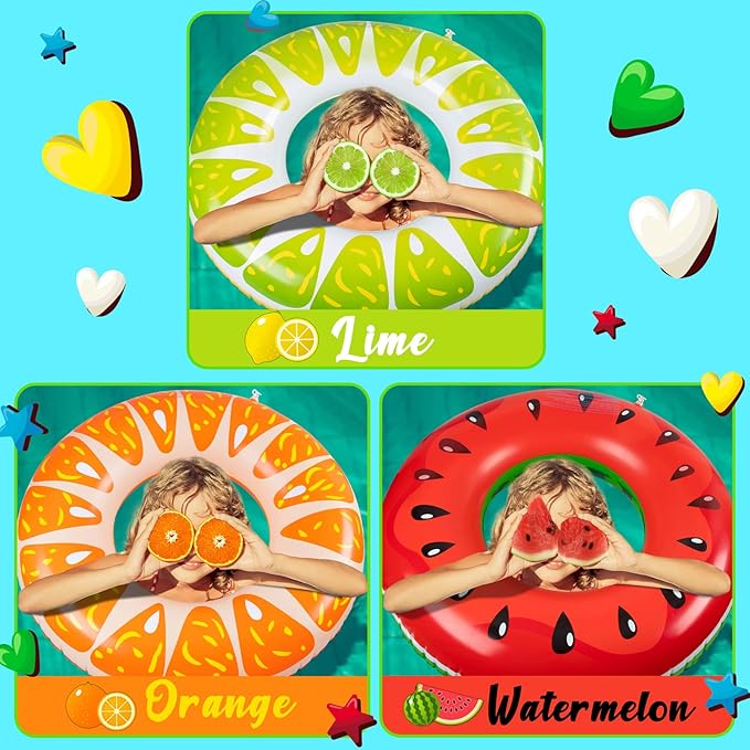 90shine 3PCS Fruit Pool Floats: Watermelon Orange Lime Swimming Rings - Inflatable Tubes Floaties Toys for Kids Adults