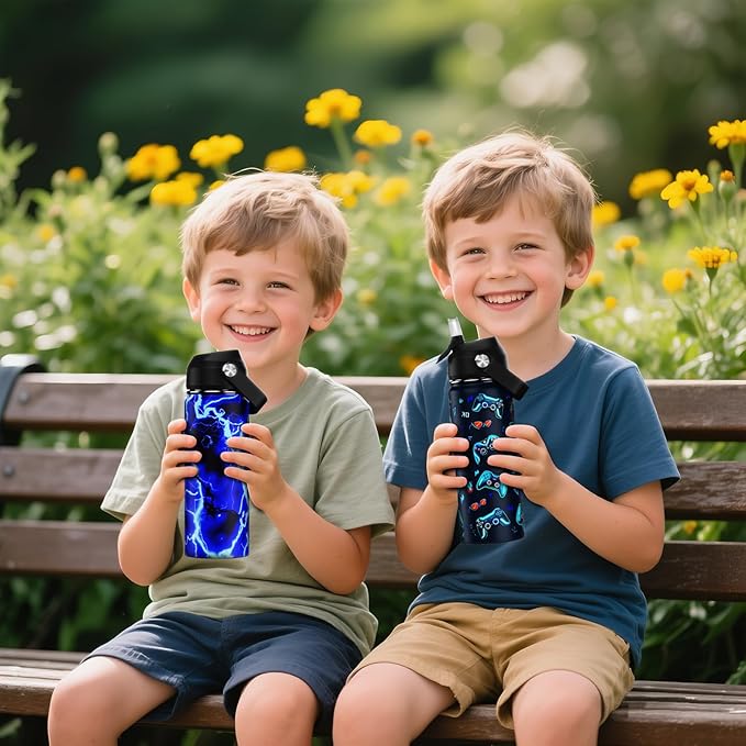 18oz Kids Insulated Water Bottle with Straw Lid - 18/8 Stainless Steel Kid Cup Travel Tumbler Double Wall Vacuum Leak Proof Portable Toddler Water Bottle (Lightning+Game）