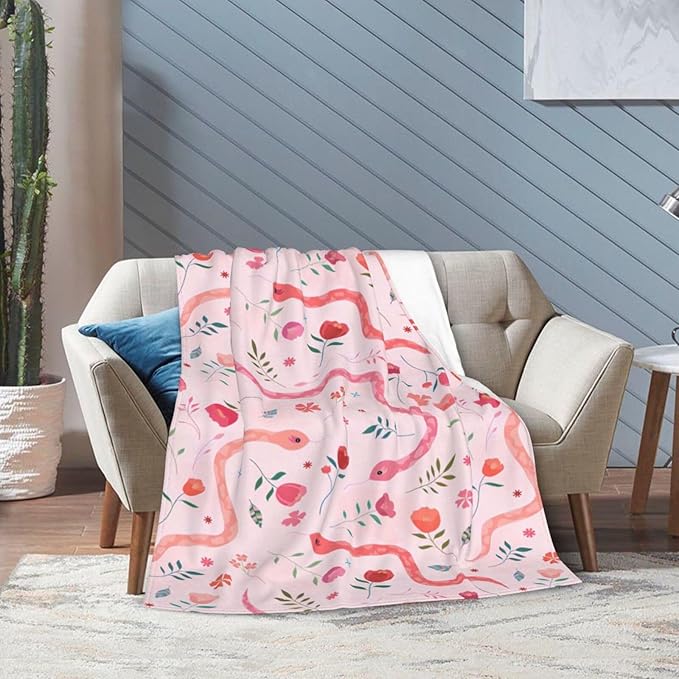 Cute Snake Reptile Blanket Ultra Soft Cozy Pink Flower Snake Throw Blanket Fleece Fuzzy Plush Bedding Blanket Real Snake Lovers Gifts for Women Girls Kids Adults Couch Sofa 50"x40"