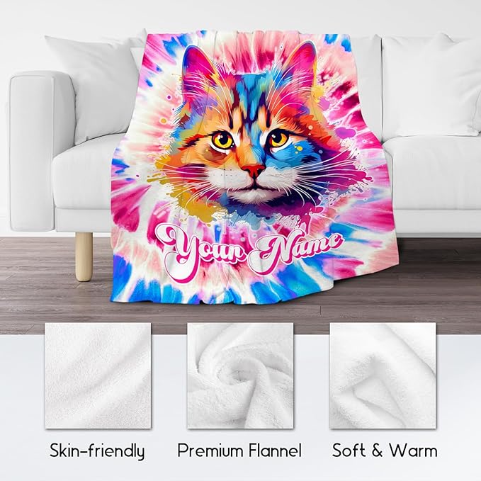 UNIKITTY Girls Blanket, Cat Blanket Gifts for Girls Toddlers, Personalized Rainbow Throw, Custom Flannel Kids Throws with Cat On It (4 Sizes)