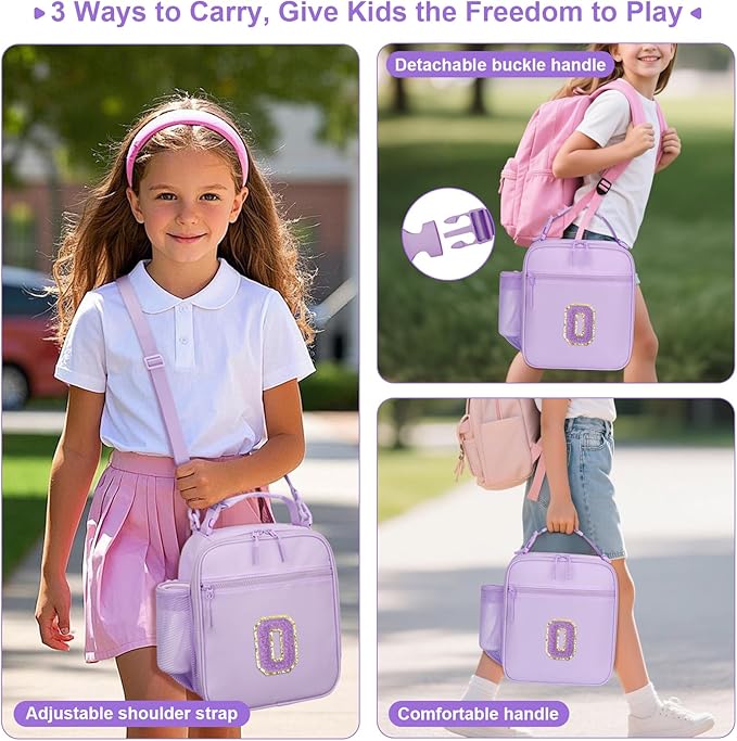Initial Insulated Lunch Bag for Girls Kids, Back to School Gift, Reusable Leak-proof Lunch Box with Adjustable Strap for School Daycare Travel Picnic (Purple,O)