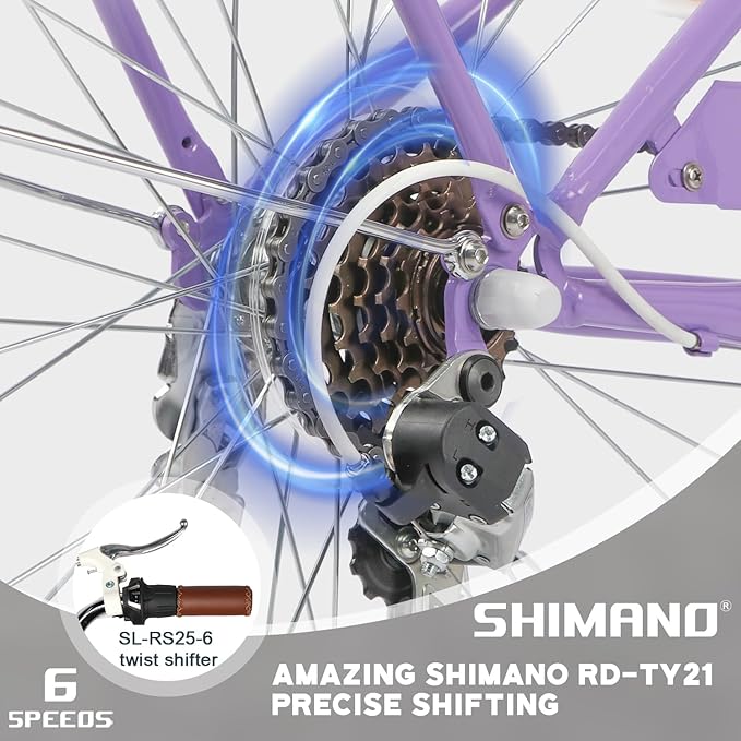 Glerc 20 24 26 Inch Beach Cruiser Bike, 6-Speed Hybrid City Bicycle for Girls Youth and Over 6 Years Old, Missy Bike with Wicker Basket & Lightweight, Multiple Colors