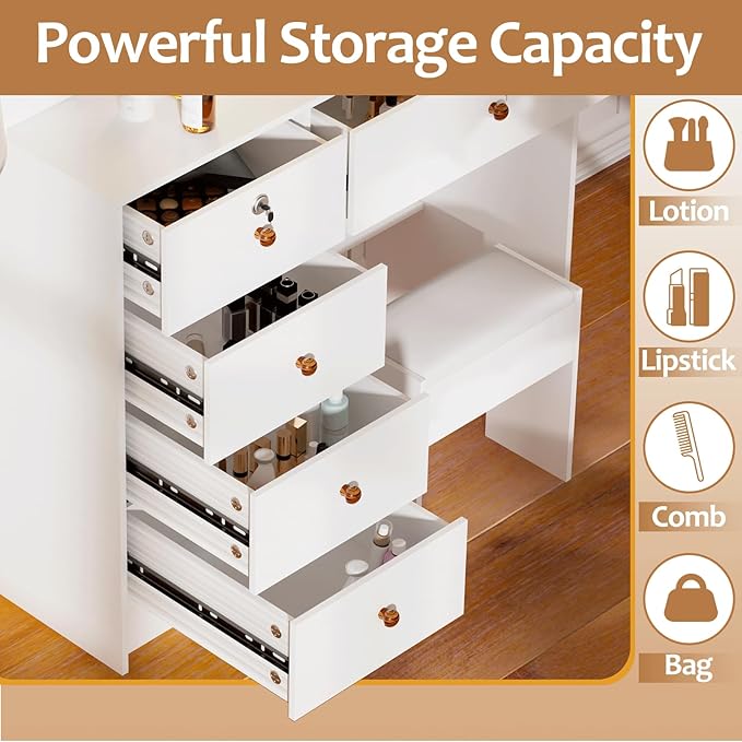 Vanity Set with Mirror and Lights, Vanity Table with Stool, Lighted Mirror 10 Dimmable Bulbs, 6 Drawers, Makeup Vanity Desk for Girls, White Bedroom Dressing Table