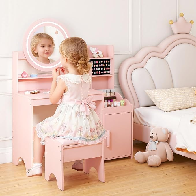 INFANS Kids Vanity with Lights, Princess Makeup Desk with Mirror Storage Shelves, Toddler Table and Chair Set Pretend Play for Girls Aged 4-9 (Pink)