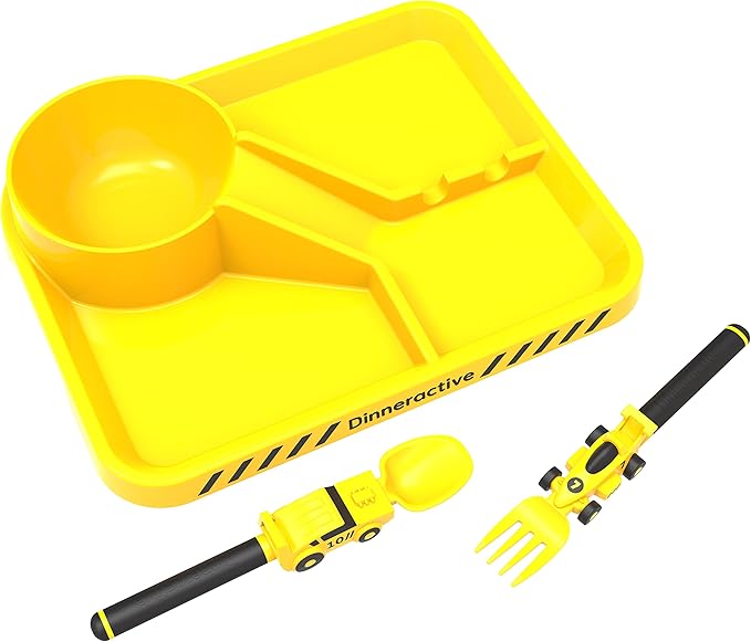 Dinneractive Dining Set for Kids - 3PC Yellow Race Car Dinnerware - Race Car Utensils - Toddler Plates - Baby Dishes