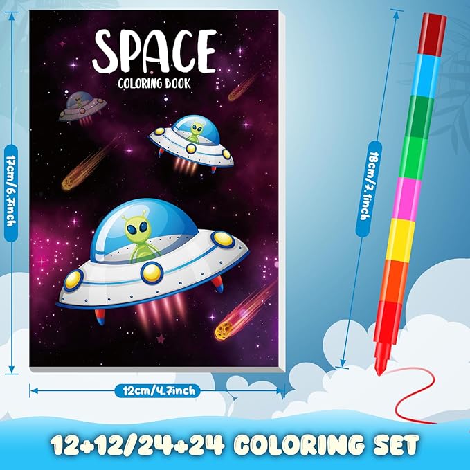 BenLouis 12 Outer Space Mini Coloring Books Kids with 12 Stacking Crayons Astronaut Party Favors Small Activity Books Bulk for Kids Solar System Galaxy Planet Alien Party Gift Goodie Bag Stuffers