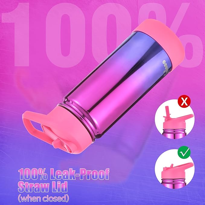 Mininoo Kids Water Bottle, Girls Water Bottles for School, 16oz Metal Water Bottle Kids with Straw Lid