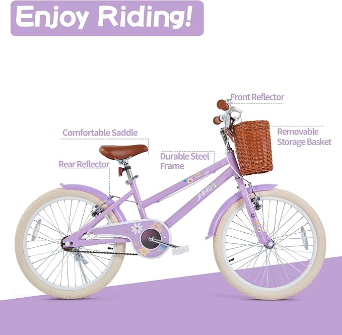 JMMD Girls Bike for 4-12 Years Old Kids, 12 14 16 18 20 24 Kids Bike with Training Wheels, Basket and Doll Seat, Toddler Girls Bicycles with Handbrake & Kickstand, Multiple Colors