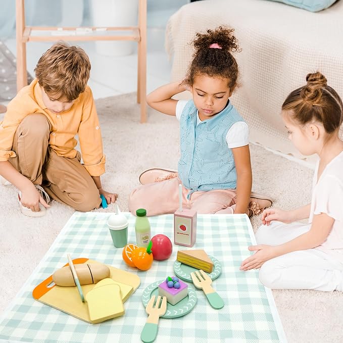 Picnic Playset - Wooden Play Food - Play Food Sets for Kids Kitchen - Pretend Food, Toy Food with Multifunctional Storage Bag, Non-Toxic Toy Picnic Set Best Gift for 3+ Toddlers