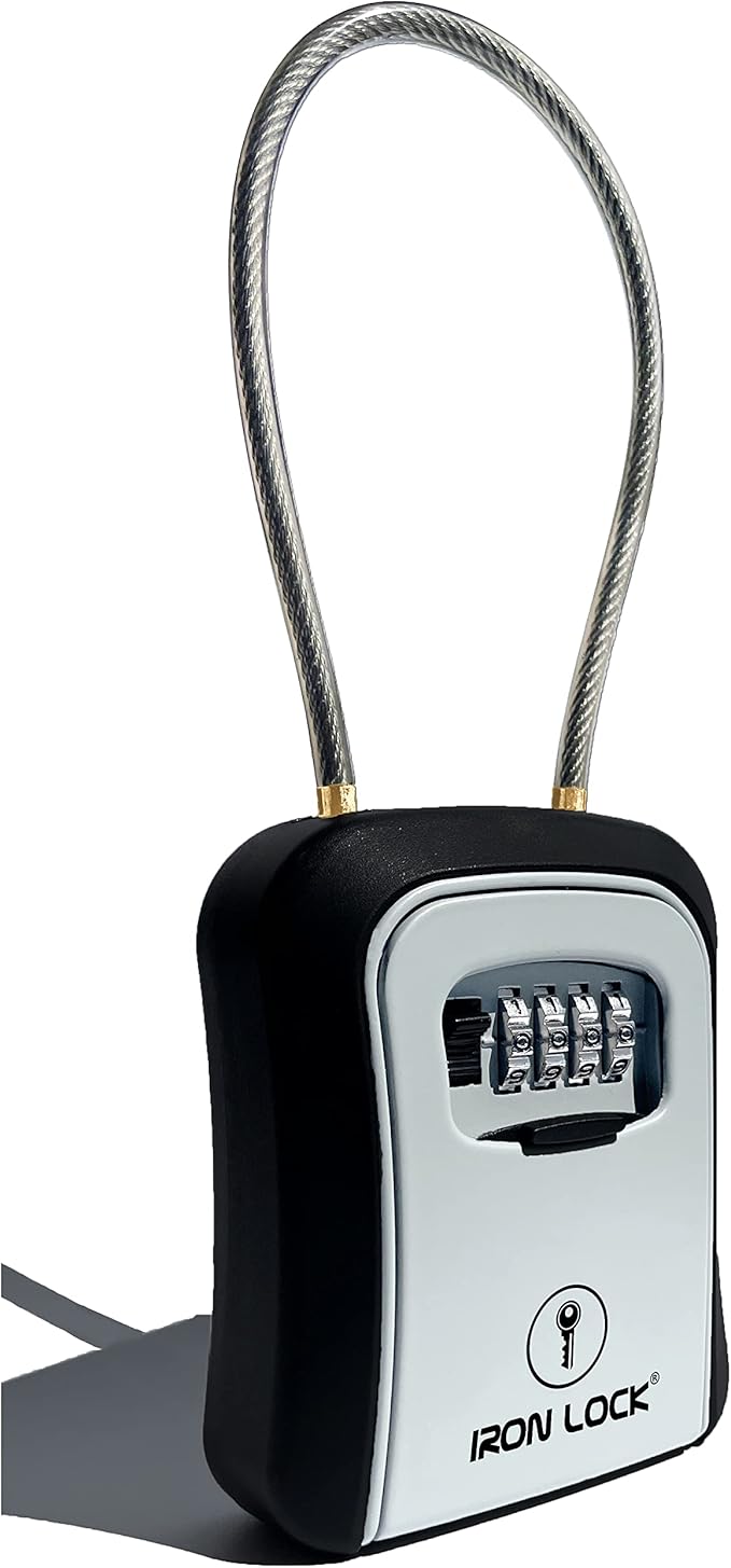 Iron Lock® Portable Key Lock Box and Wall Mounted with Removable Cable Shackle Outdoor Waterproof 4 Digit Combination with Resettable Code with A B Switch Key Lockbox for Outside (Medium, Grey)
