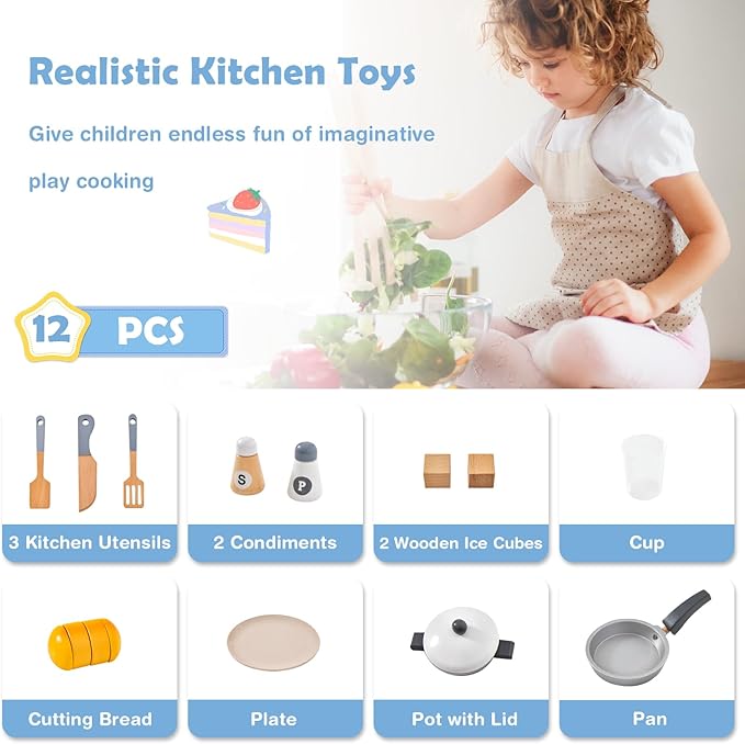Costzon 2-Piece Play Kitchen, Wooden Toy Kitchen Set with Refrigerator, Ice Maker, Range Hood, Pretend Oven, Kids Kitchen Playset with Sounds & Lights, Gift for Ages 3+