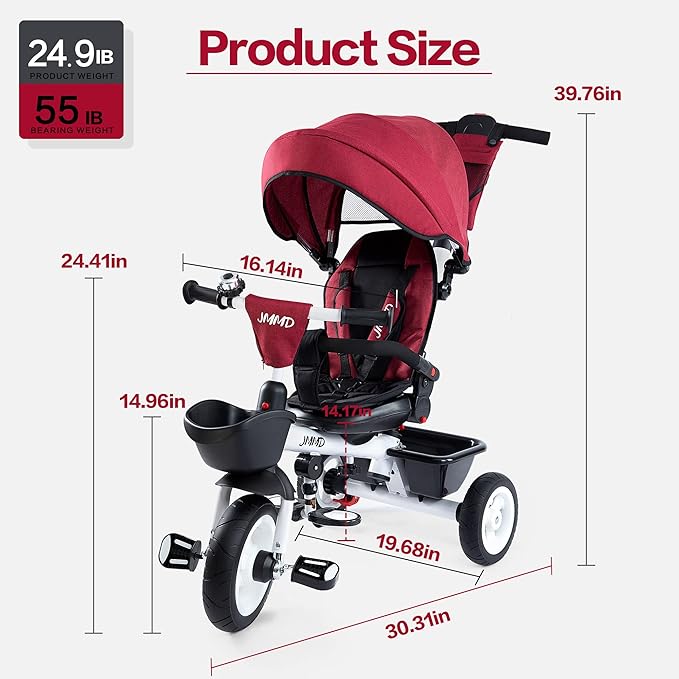 JMMD Baby Trike, 6-in-1 Kids Stroller Tricycle with Adjustable Push Handle, Removable Canopy, Safety Harness for 6 Months - 5 Year Old(Red)