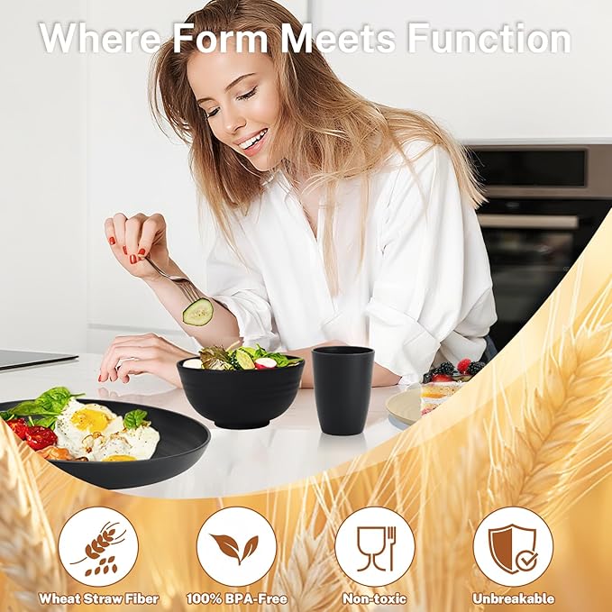 Wheat Straw Dinnerware Sets for 8,Plastic Plates and Bowls Sets 32-Piece, Unbreakable & Lightweight Dish Set, Camping Plates, Cereal Bowls, Cup Sets for Kitchen, Apartment Essentials - Black