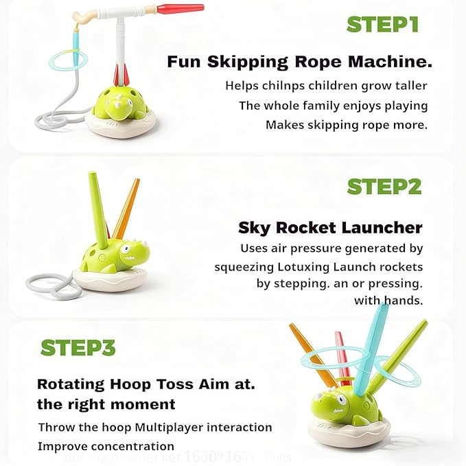 3 in 1 Dinosaur Rocket Launcher, Spinning Dinosaur Toy with Remote Control, Musical Jump and Toss, Indoor & Outdoor Sports Toys