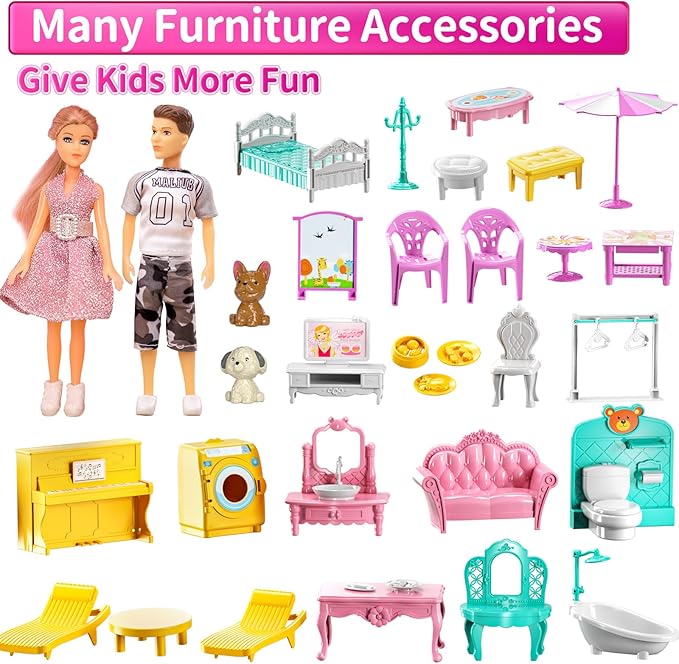 Pink Villa Playset for Girls Ages 3-7, 4-Story 10-Room House with 2 Dolls, Furniture & Accessories, Pretend Play Toddler Toy, Birthday Gifts for Kids 3-8