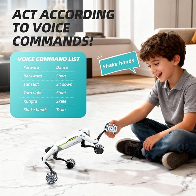 Smart Robot Dog with Wheels, 30+ Bionic Actions, Voice & Remote Control, Programmable Moves, Rechargeable Battery, All-Terrain Stunt Pet Toy for Kids