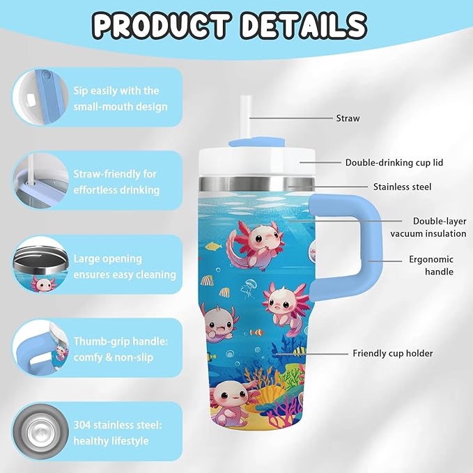 Axolotl Gifts for Girls - 14oz Blue Kids Axolotl Tumbler with Handle and Straw, Stainless Steel Insulated Water Cup, for Sport, School, Travel - Axolotl Lovers Gift for Children Birthday Gift Cup(1pc)
