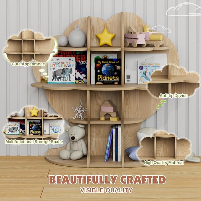Natural Wood Tree Kids Bookshelf Toddler Bookcase 4-Tier Baby Book Rack Children Toy Storage Organizer Forest Wood Display Shelf Nursery Playroom Bedroom Classroom School Homeschooling Boy Girl’s Gift