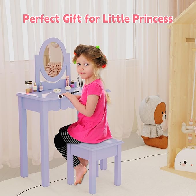 HLR Kids Vanity, Girls Vanity Set with Mirror and Stool, Wooden 2 in 1 Princess Makeup Desk Dressing Table with Detachable Top, Toddler Vanity Dresser Set with Drawer for Little Girls, Purple