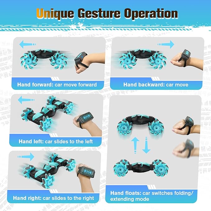 1:12 Gesture Sensing RC Stunt Car, 4WD Hand Controlled Remote Control Twist Cars with Light & Music, 360° Rotate Transform Drift, Gifts for 6-8-12 Kids Age 6 7 8 9 10 11 12 Yrs Old‌(Bule)