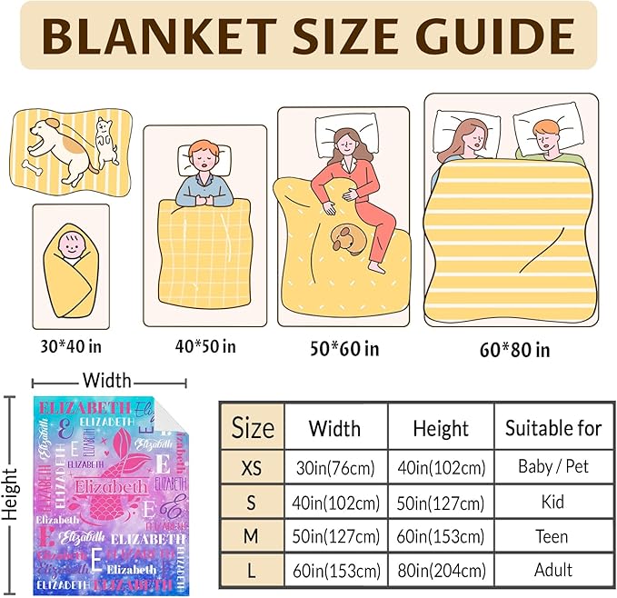 Mermaid Gifts, Personalized Girls Throw Blanket with Name for Kids 4-6, Custom Monogram Blankets for Daughter Niece Toddler, Mermaid Stuff Themed Throws for Cars Travel Camping Party Decor