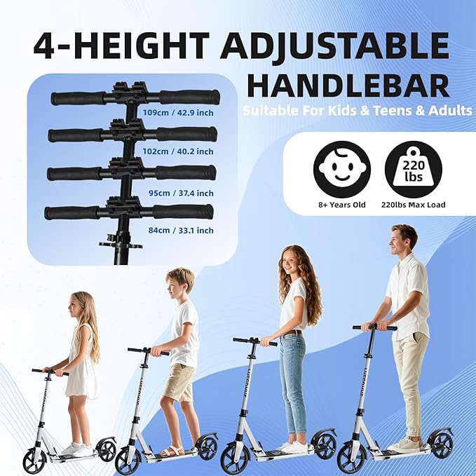 FREEDARE Kick Scooter for Kids & Adults Ages 8+, Foldable Teen Scooter with 2 Big 8-inch Wheels and 4-Level Adjustable Handlebar, Max Load 220 LBS
