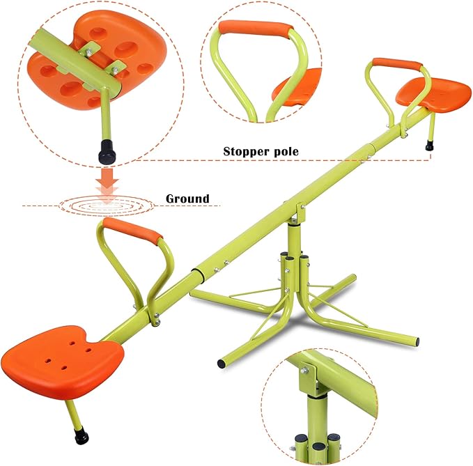 SUPER DEAL Teeter Totter Kids Seesaw, Outdoor Playground Equipment 360 Degrees Rotate All Steel Extendable Tubes for Toddlers Children Backyard, Green and Orange, 2 Seat