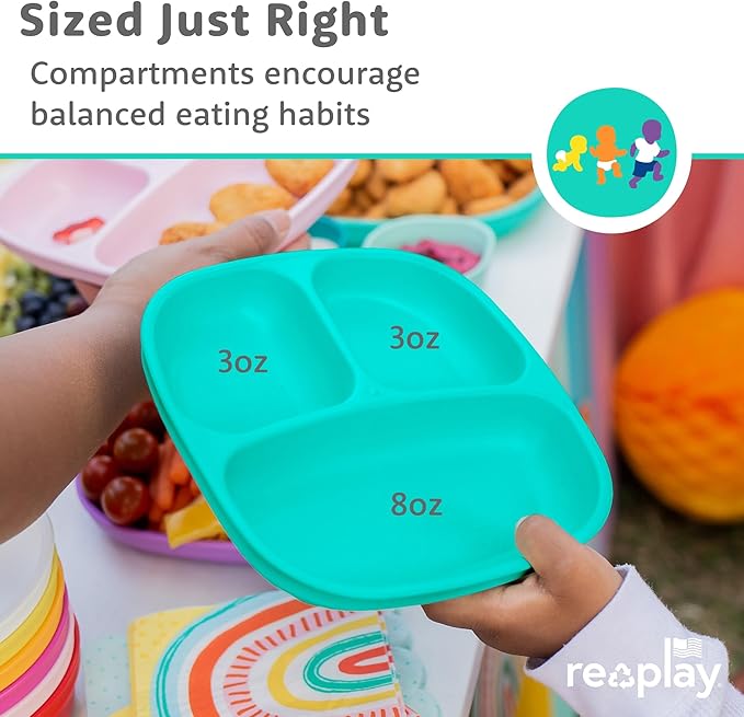 Re-Play Toddler Plates with Dividers - Deep-Walled 3 Compartments Divided Plates for Kids - Dishwasher & Microwave Safe - Made in USA - Set of 4-7.37" x 7.37" x 1.25" - Aqua