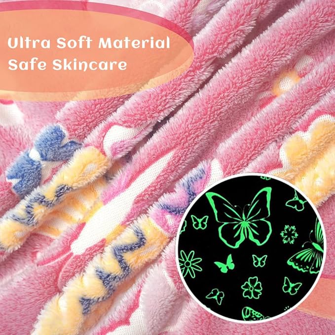 Wajade Glow in The Dark Butterfly Blanket for Girls, Soft Cozy Flannel Kids Throw Blanket for Boys and Girls, Cute Kids Blanket for Sofa Couch Bed, Christmas Birthday Gift 50"x60"