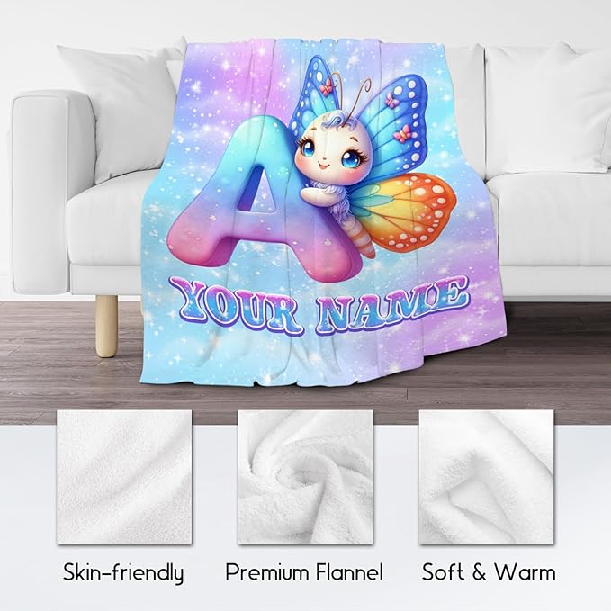 Butterfly Gifts - Personalized Girls Blanket with Name for Kids - Custom Monogram Throws for Daughter - Soft Flannel Throw Blankets - 4 Sizes for Toddler/Children/Teens/Adults