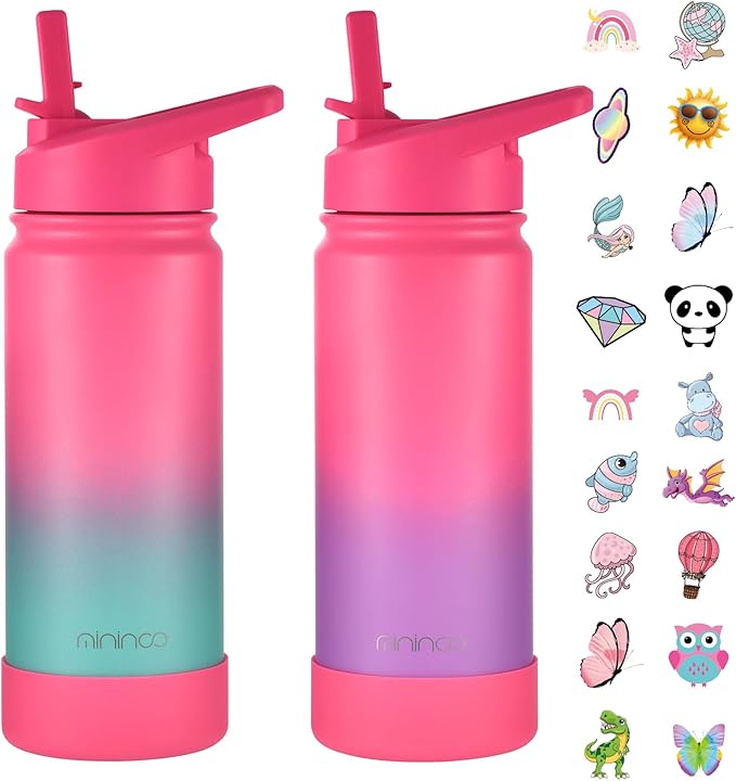 mininoo Girls Water Bottle for School, 16oz Stainless Steel Insulated Metal Water Bottle with Straw Lid for Boys (2 Pack)