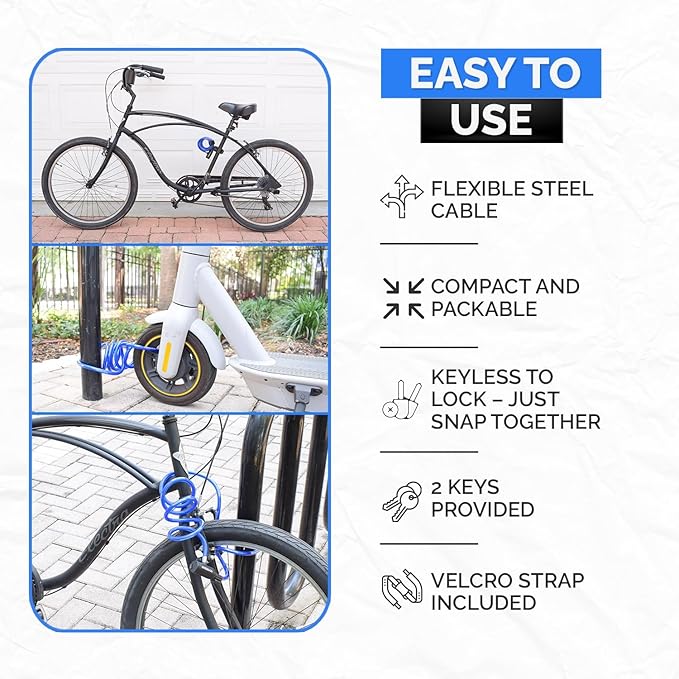 Bike Cable Lock Set, Coiled Security Cable with Key Lock and Mounting Bracket, Compact Anti-Theft Protection for Bikes, Bicycles, Scooters and More 6ft