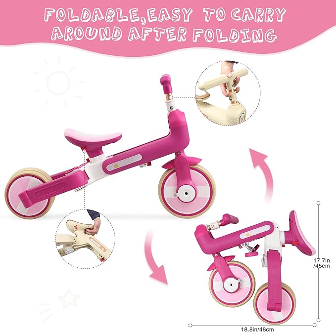 WEEROCK 6 in 1 Toddler Tricycle Fold Up Kid Tricycles with/Without Parent Steering Push Handle Boys Girls Balance Bike for 1-6 Years Old Toy Gift, Purple