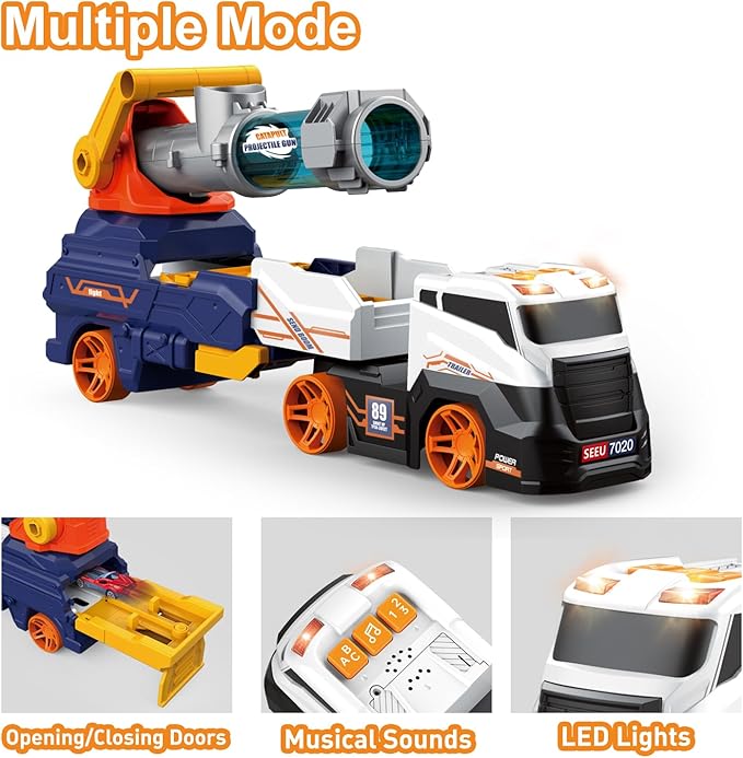 Dwi Dowellin Truck Toys for Kids, 28" Large Car Toys Include 4 Race Cars+6 Soft Foam Balls, with Light & Sounds, Eejection&Shooting Transport Trucks Toy, Gifts for Boys Girls 3 4 5 6 7 8+ Year Old
