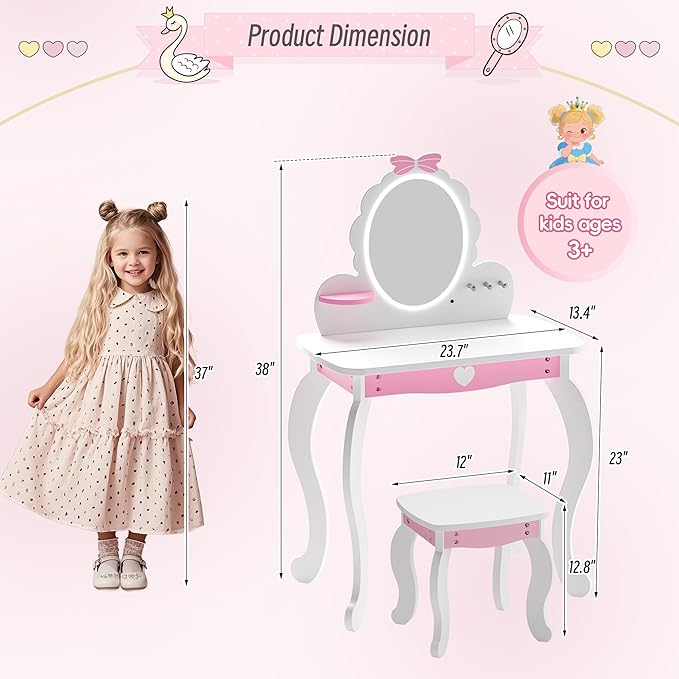 MU Kids Vanity Set with Lighted Mirror and Stool, Kids Makeup Vanity Desk with Storage Space, Bow Pattern for Little Girls, Toddler Princess Makeup Dressing Table with Chair Set, White