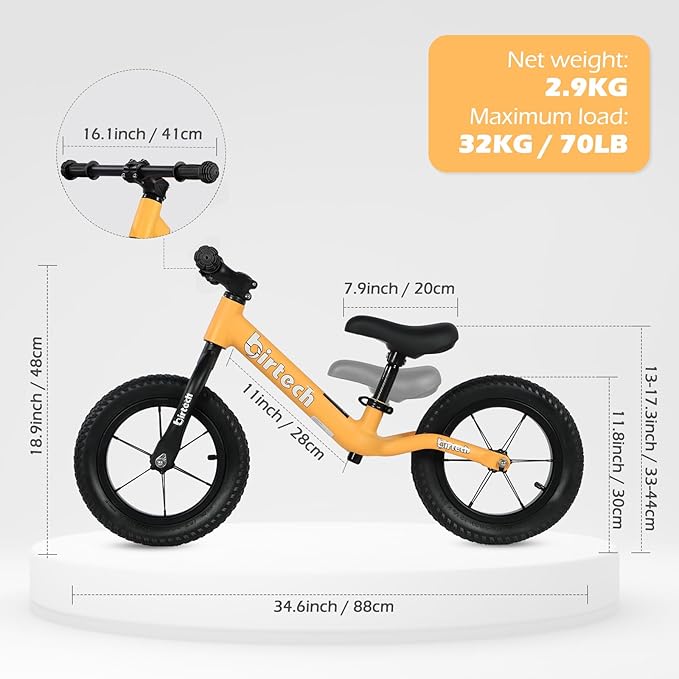 12" Balance Bike for 2, 3, 4, 5 Year Old Boys and Girls, Lightweight Nylon Frame Toddler Training Bike No Pedal Bikes for Kids with Adjustable Seat and Air Tires