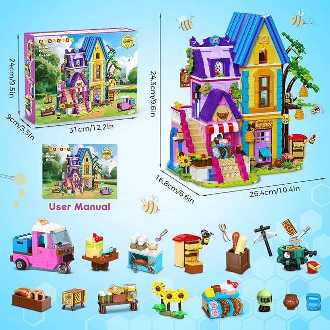 HOGOKIDS Beekeeping & Bakery House Building Toy with LED Light - 1084PCS Friends Girls Baking Building Set with Honey Workshop, Pretend Play Birthday for Kid Girls Boys Ages 8-12+ Years